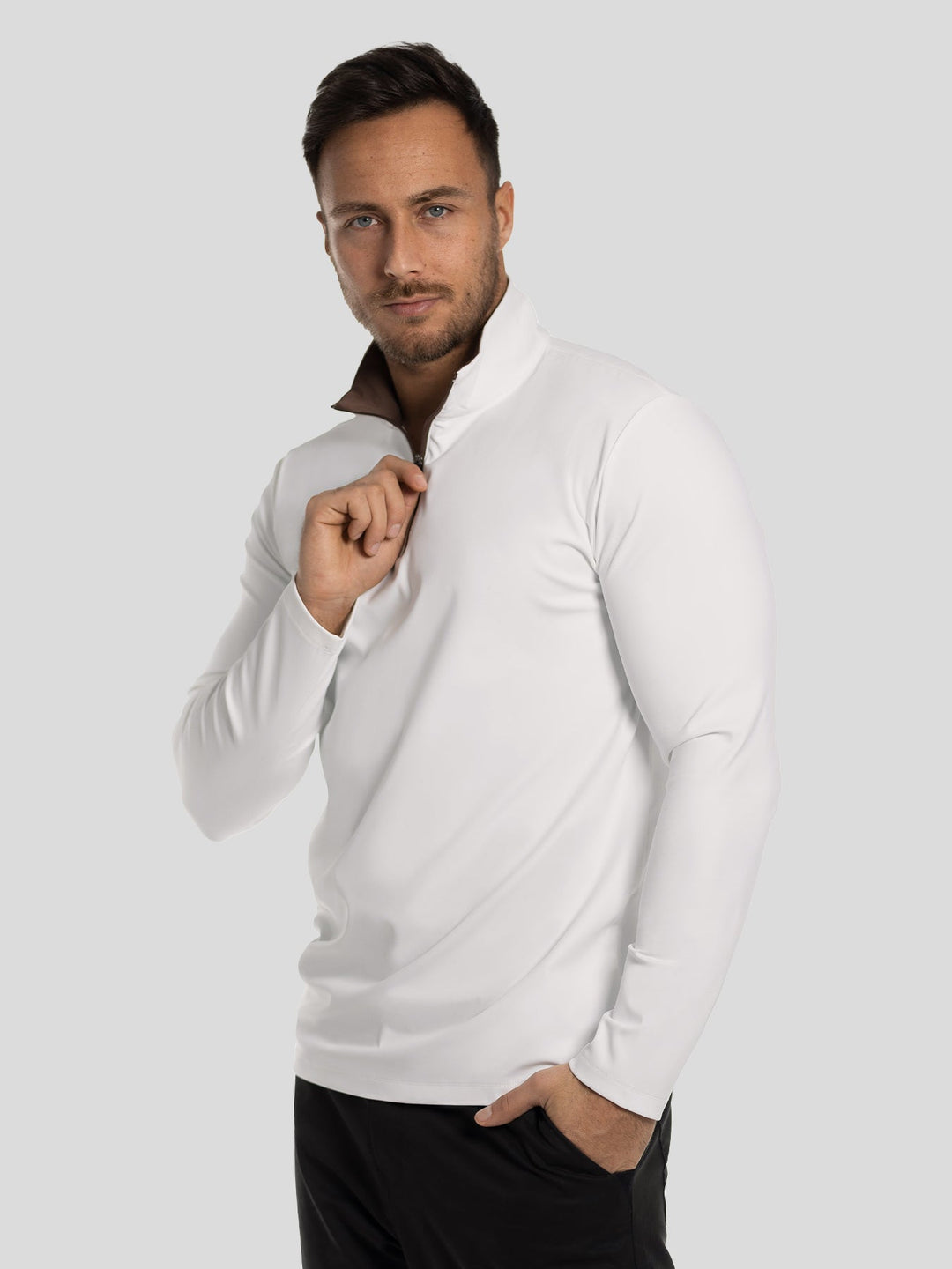 SmoothBlend Slim Fit Half Zip Mock Neck Tee: Zip Contrast Color