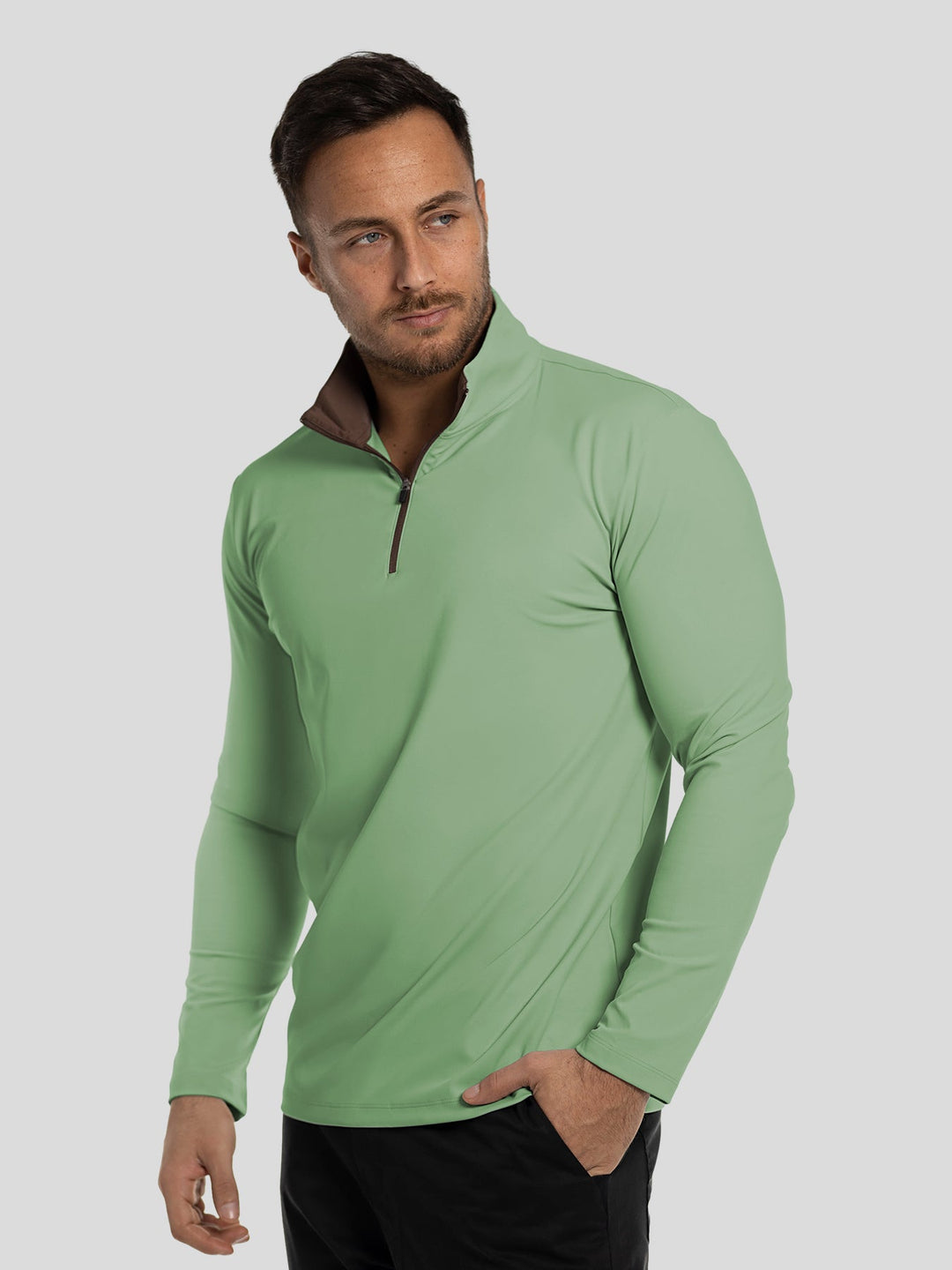 SmoothBlend Slim Fit Half Zip Mock Neck Tee: Zip Contrast Color