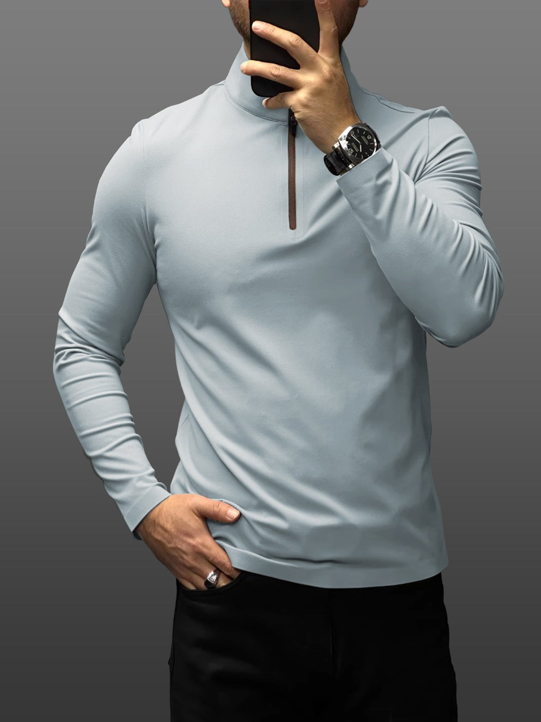 SmoothBlend Slim Fit Half Zip Mock Neck Tee: Zip Contrast Color