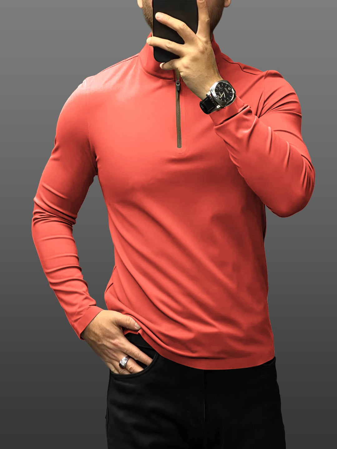 SmoothBlend Slim Fit Half Zip Mock Neck Tee: Zip Contrast Color